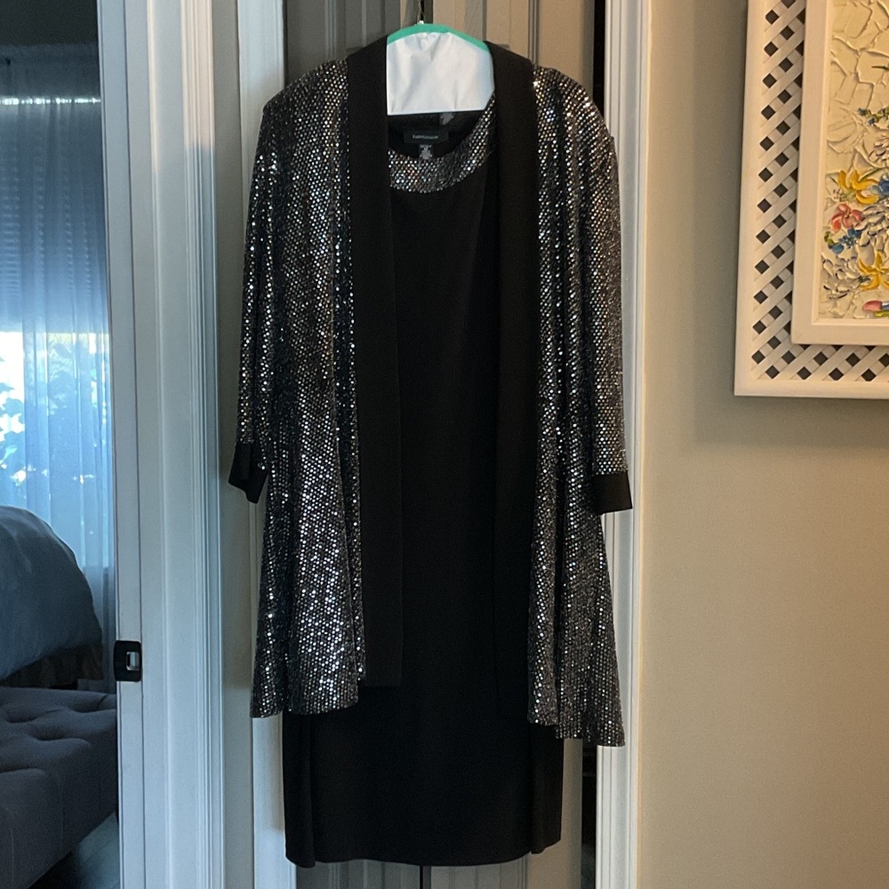 R&M Richards Black Midi Dress with Silver Sequin Jacket